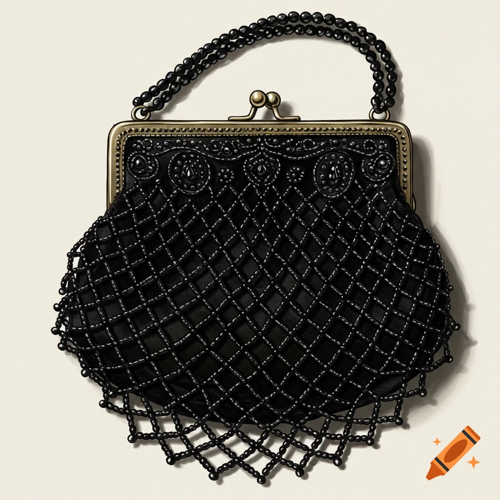 A black beaded Victorian purse with bead netting at the bottom.