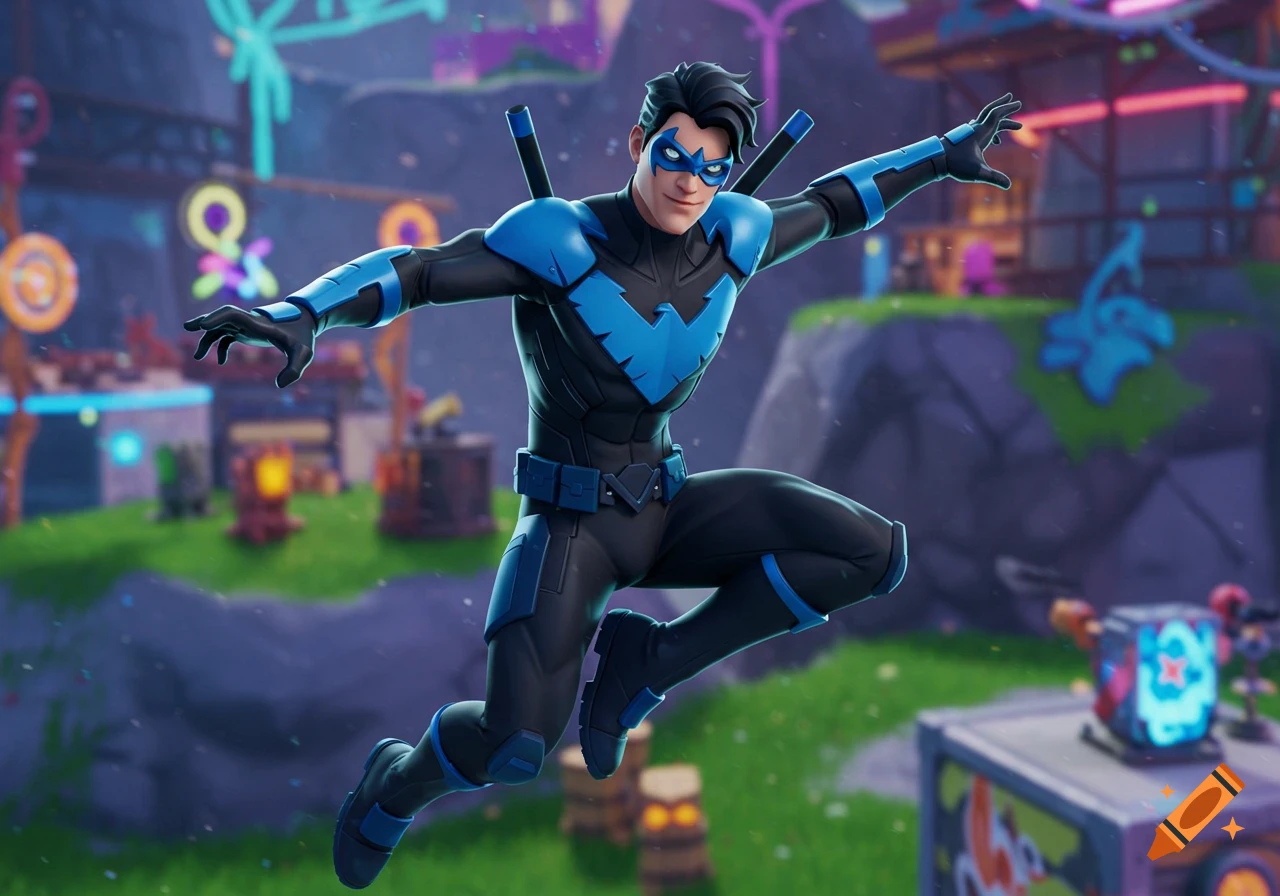 Nightwing superhero character in a dynamic pose in Fortnite style