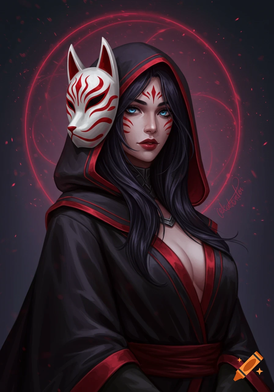 Woman in black and red hooded robe and kitsune mask with red face markings and glowing red circles.