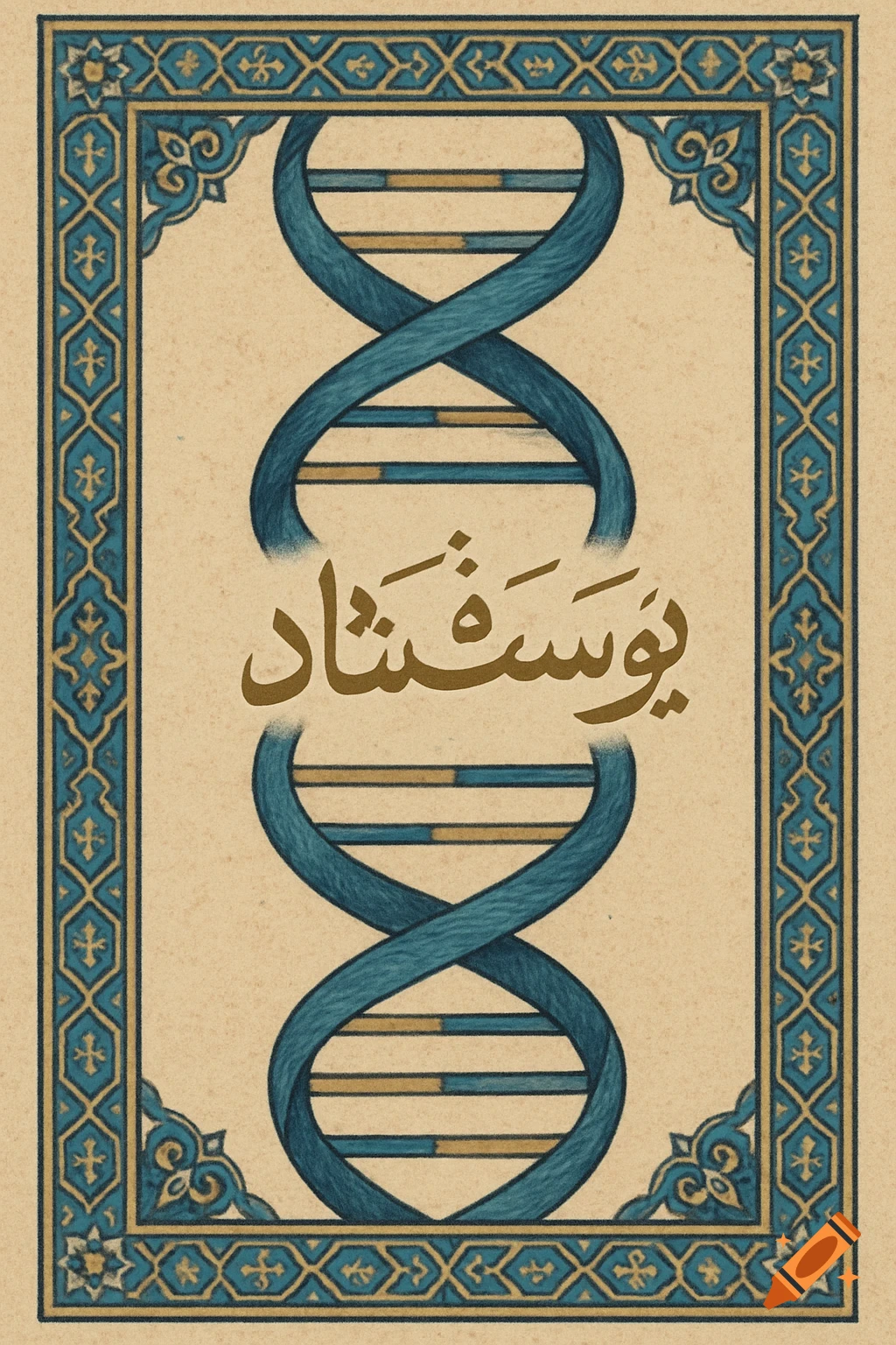 A DNA double helix framed by an Islamic illuminated border with Arabic calligraphy.