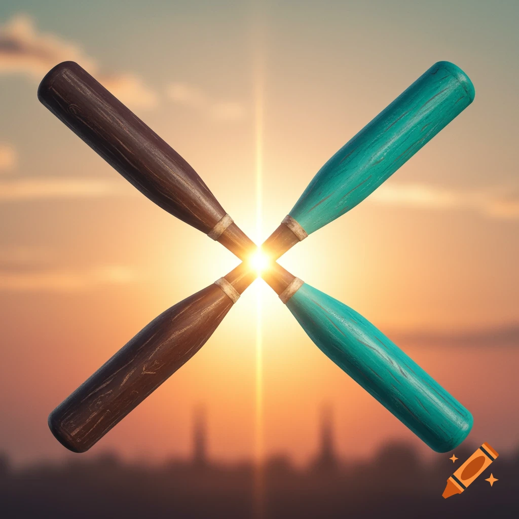 Four baseball bats crossed in an X, centered on the sun during a sunset over a city.