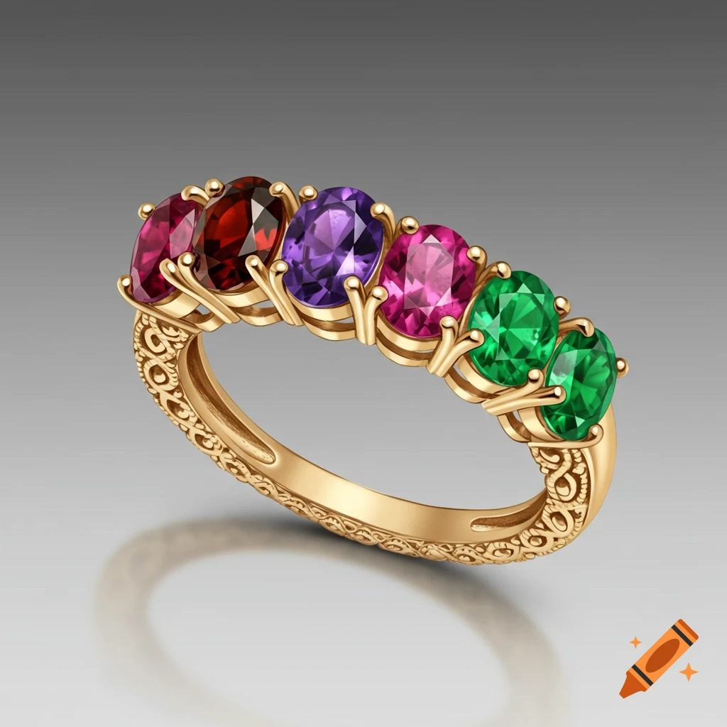 Gold ring with multiple oval gemstones in red, purple, pink, and green colors.