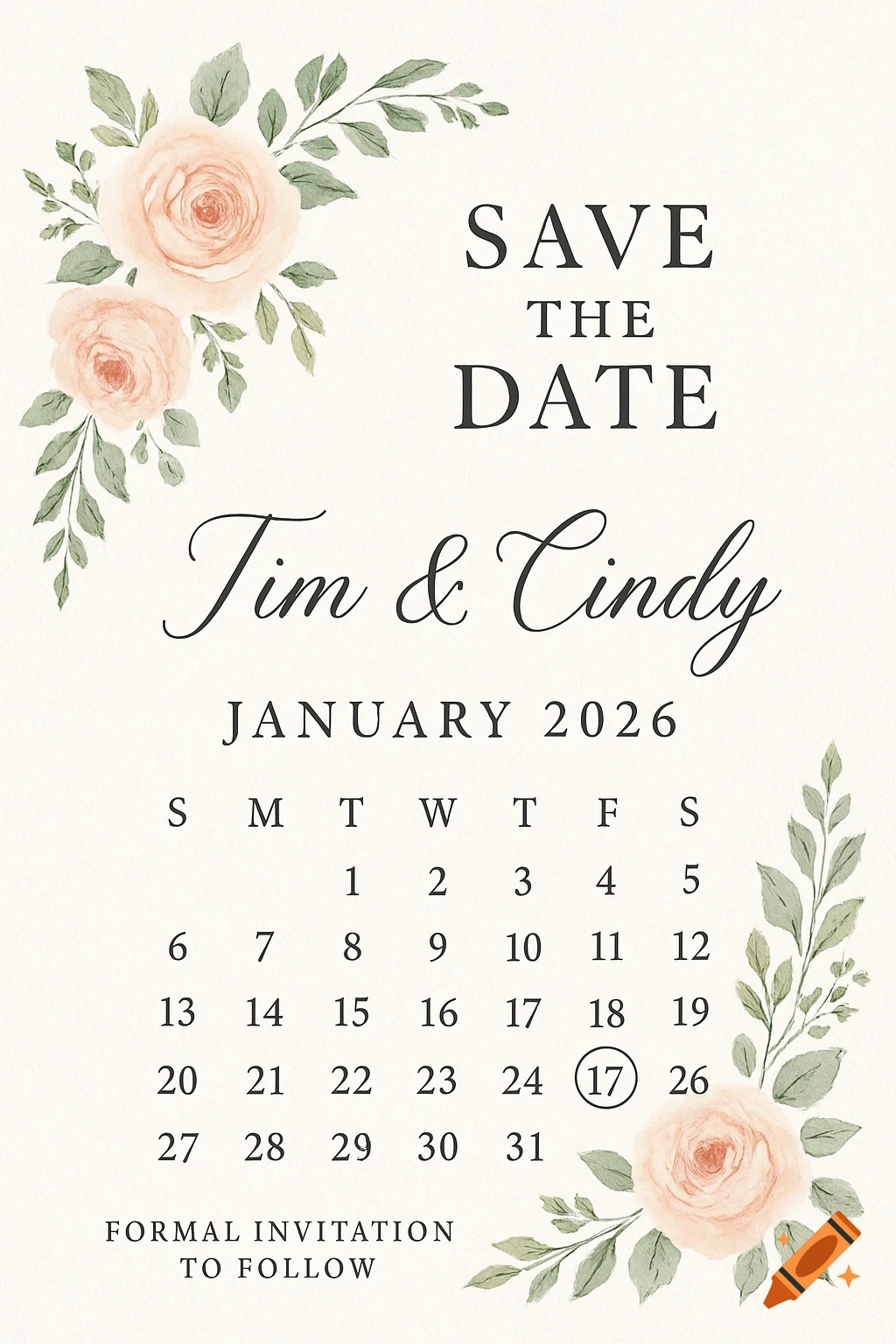 Watercolor floral wedding save the date card for Tim & Cindy, January 2026