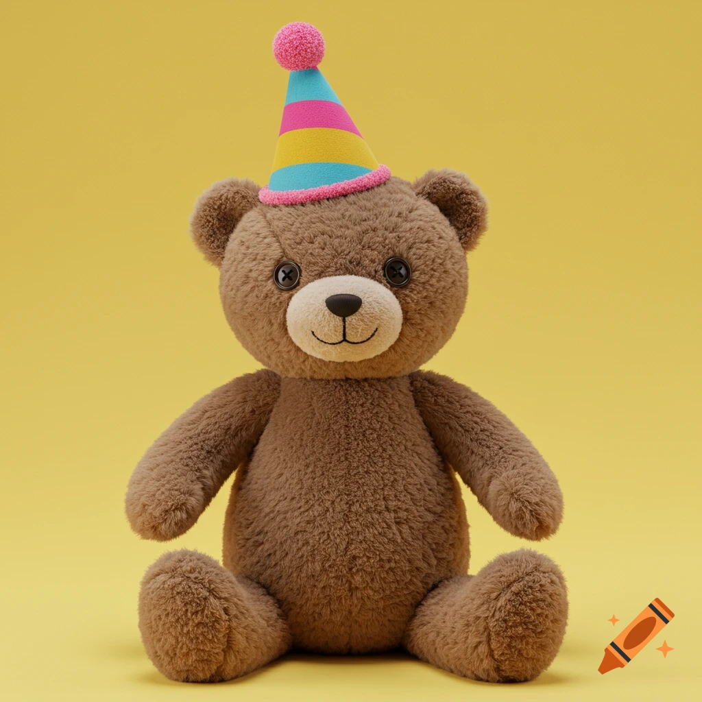Brown teddy bear wearing a colorful party hat on a yellow background.