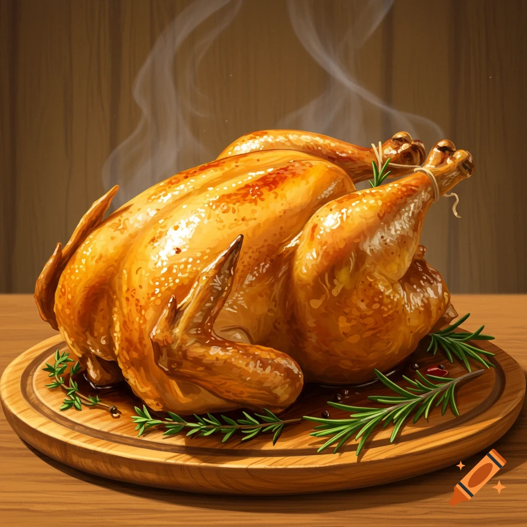 A golden roasted chicken on a wooden cutting board with rosemary and steam rising.