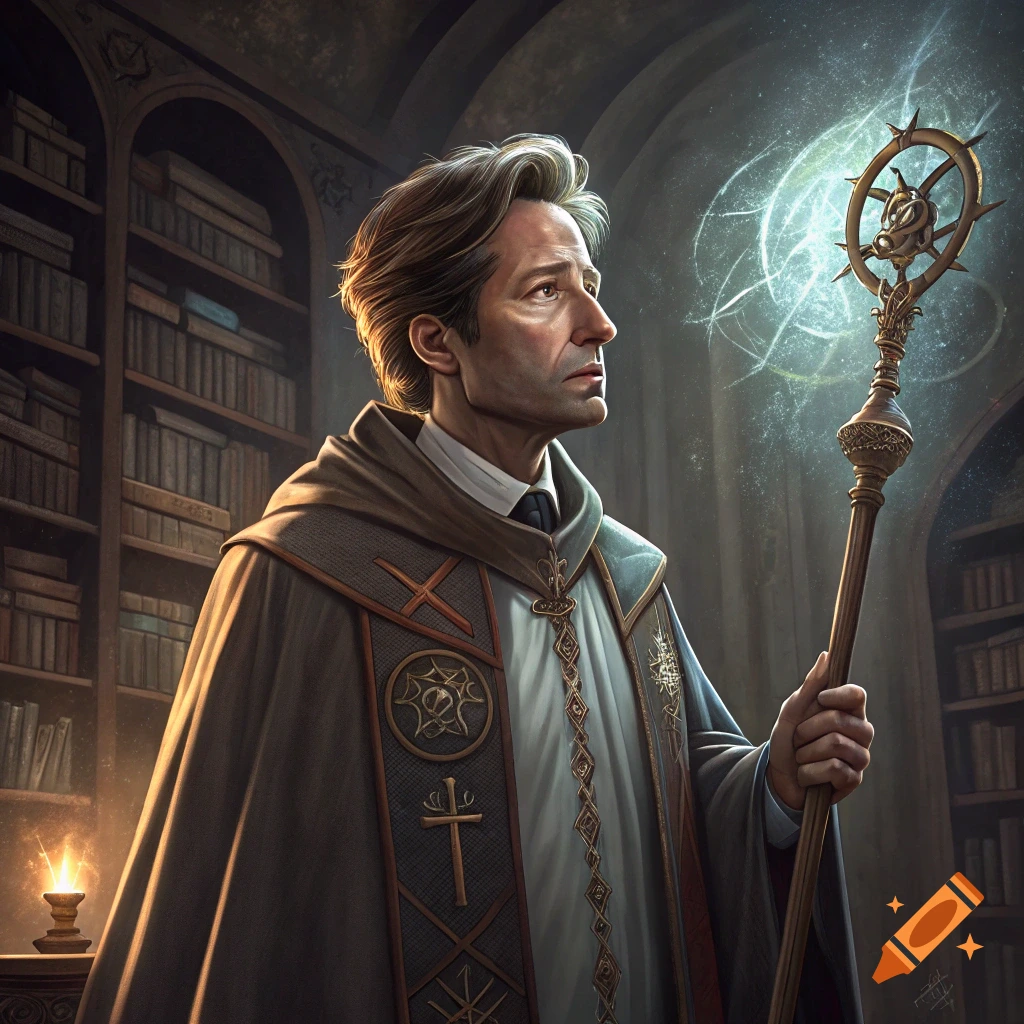 A man resembling Fox Mulder dressed as a cleric holding a glowing staff in a library.