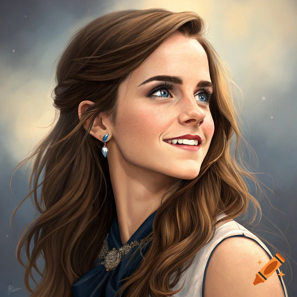 Realistic portrait of a woman with brown hair and blue eyes smiling and looking up