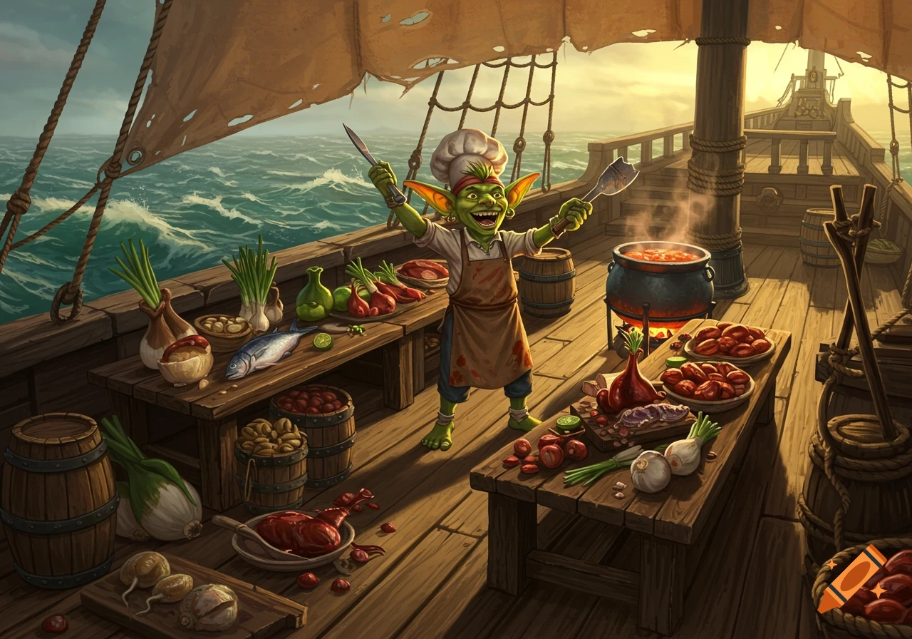 A goblin chef cooking on a medieval ship.