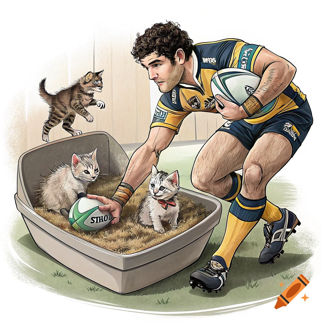 Illustration of a rugby player reaching into a kitten litter box containing kittens and a rugby ball.