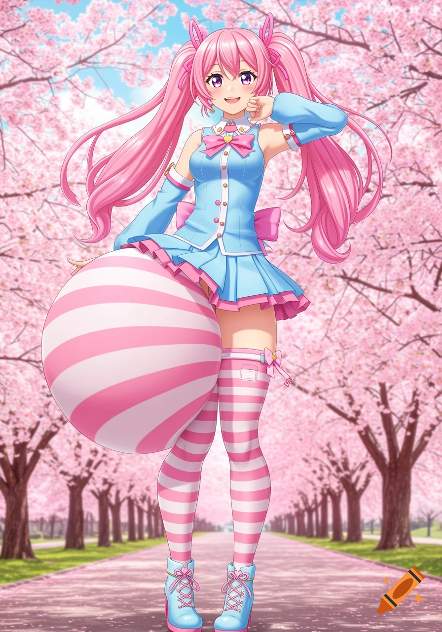 Anime girl with pink hair in pigtails holding a striped ball in a cherry blossom lane.