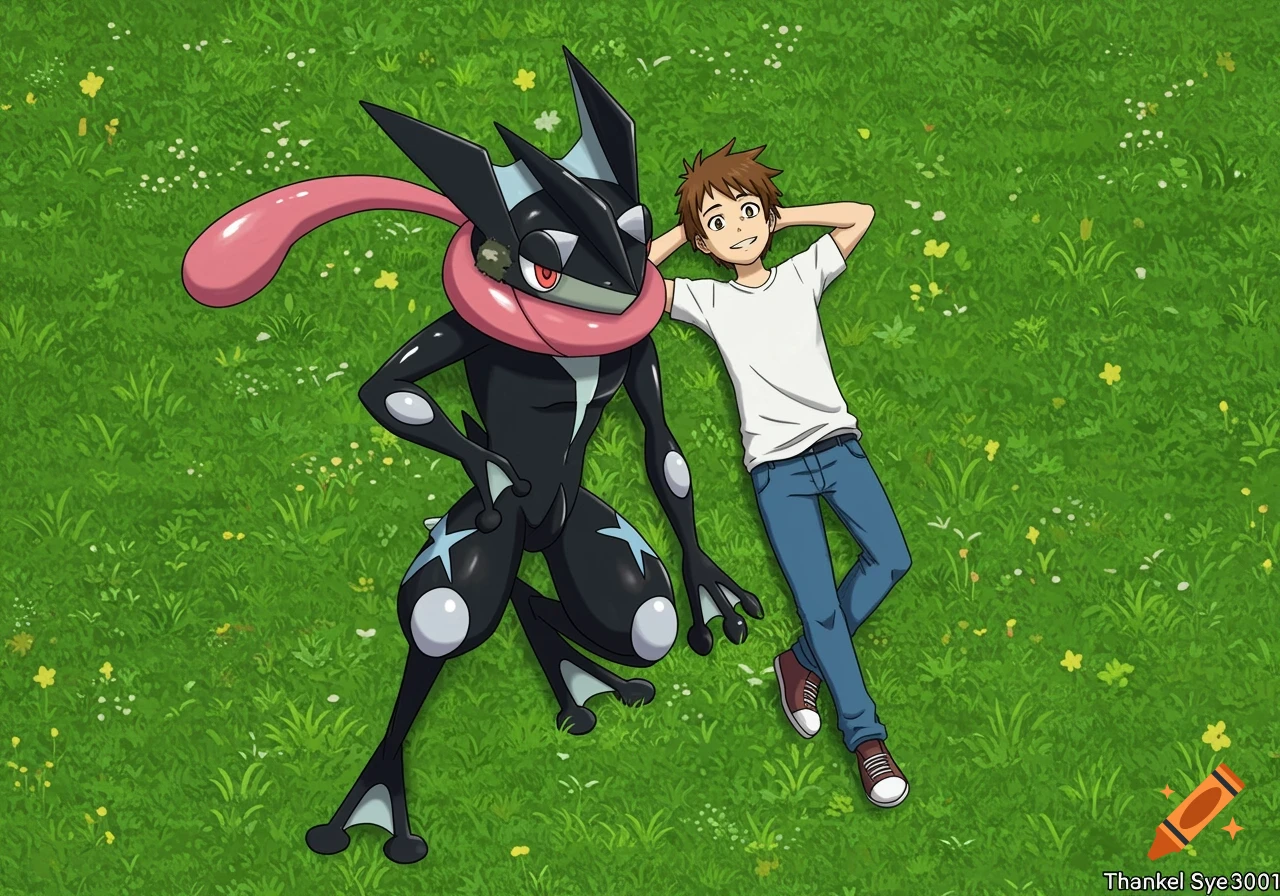 A boy and a black Pokemon character lie on the grass.