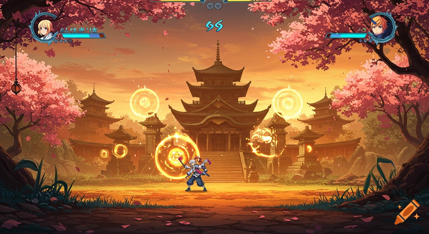 Anime fighting game screen with two characters in front of pagodas and cherry blossom trees at sunset.