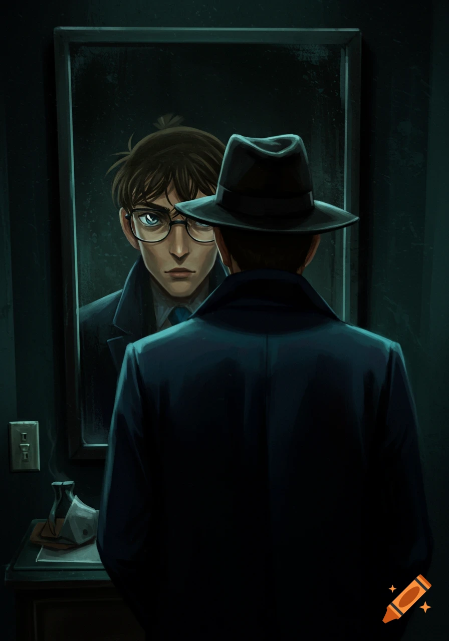 Man in fedora looks in mirror reflecting a younger man with glasses in a dark, stylized image.