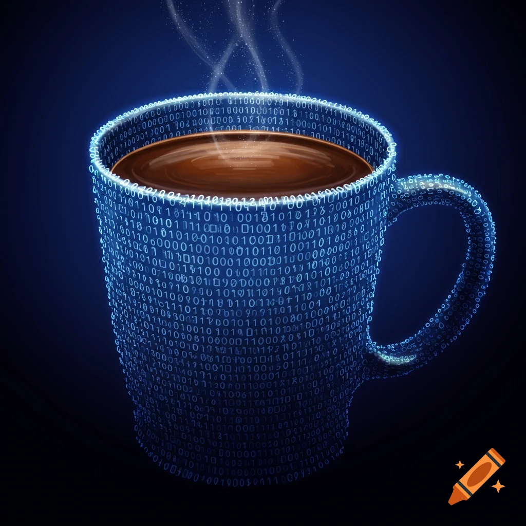 A coffee mug formed from glowing blue binary code, with steam rising.