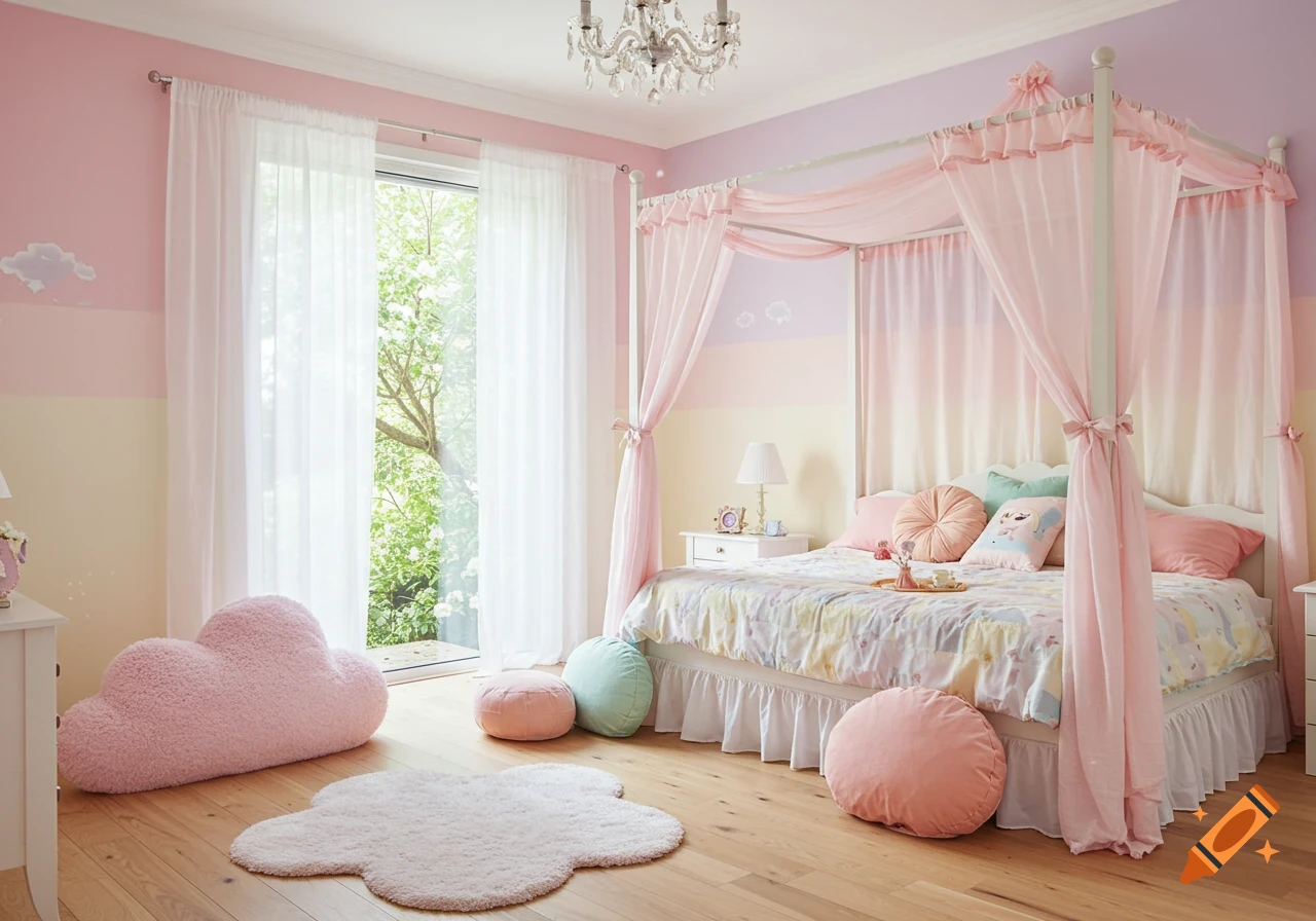Pastel bedroom with canopy bed, sheer curtains, cloud rug, and large pillows.