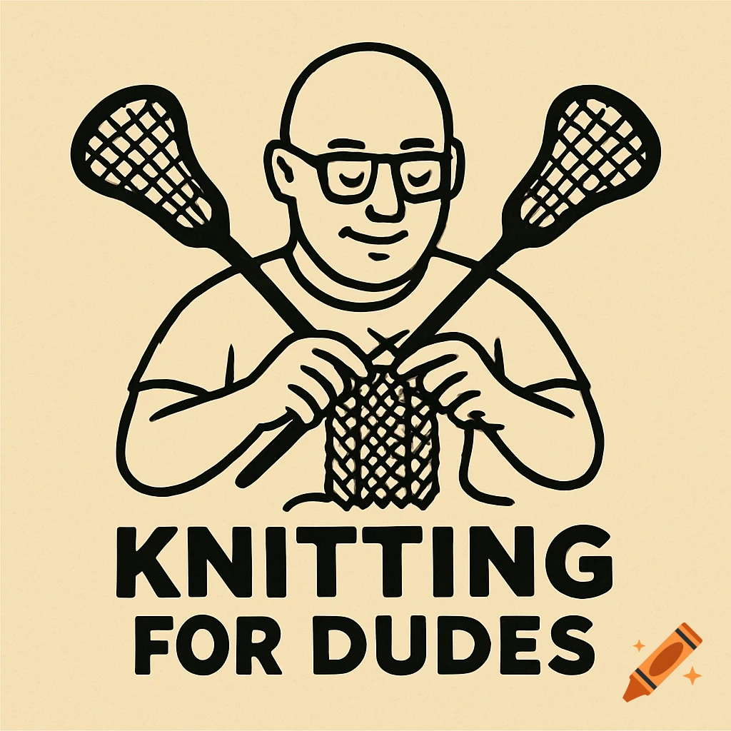 Black and white logo of a bald man knitting with lacrosse sticks, with text 'KNITTING FOR DUDES'.
