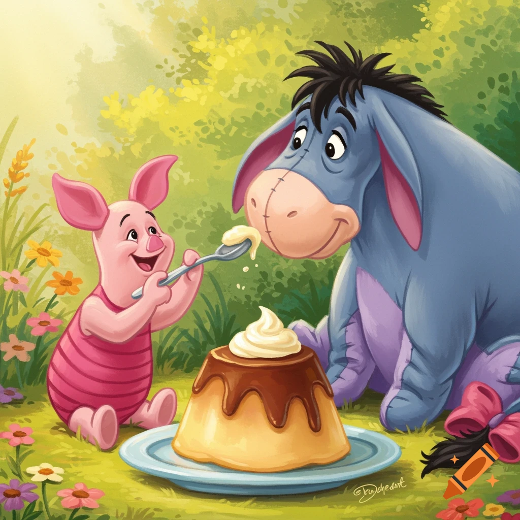 Cartoon of Piglet feeding Eeyore pudding in a field.