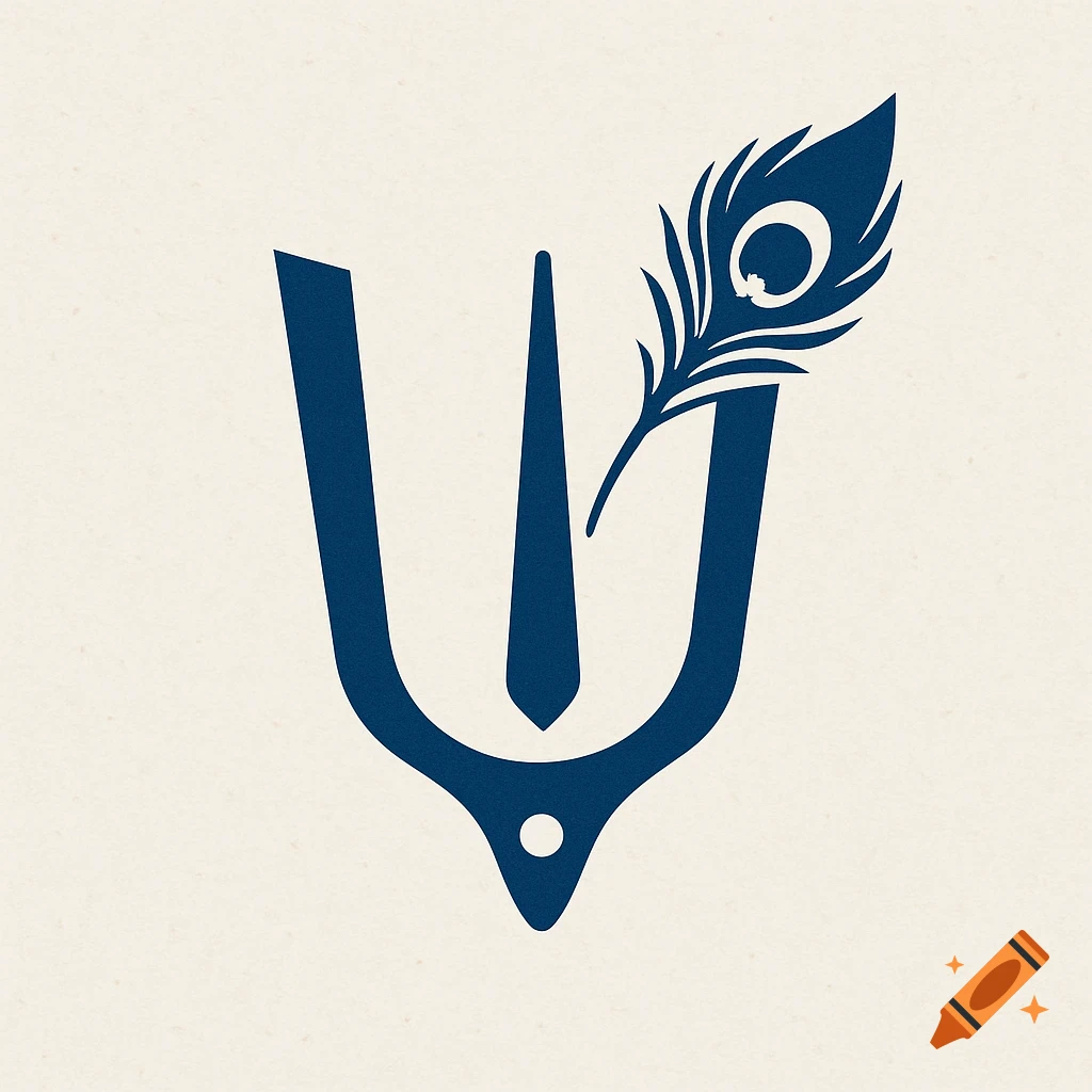 Blue Vaishnava tilak symbol with peacock feather on textured background.