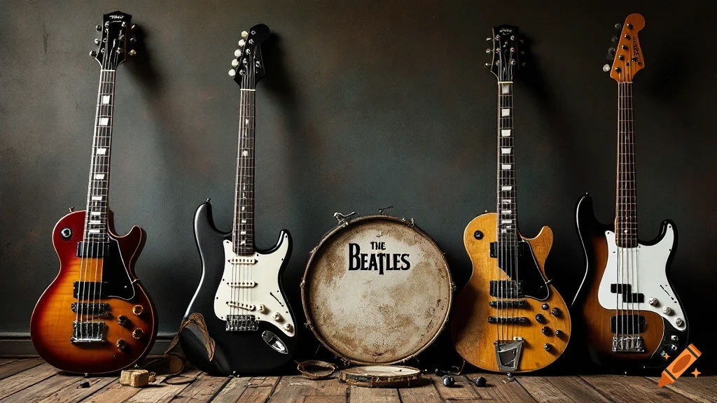 Several guitars and a drum with a logo lean against a dark wall on a wooden floor.