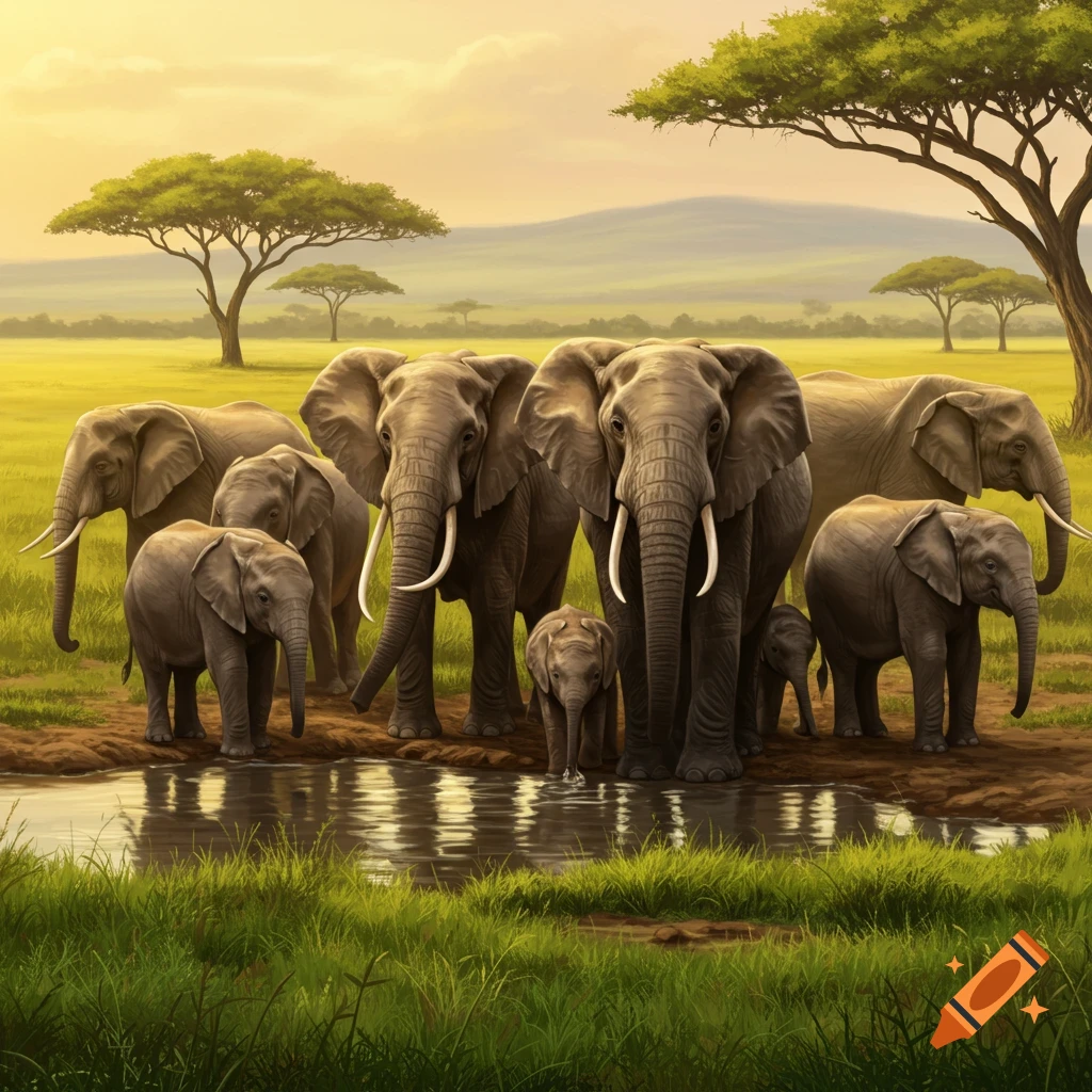 Herd of elephants with calves gathered by a watering hole in an African savanna landscape at sunset, digital painting.