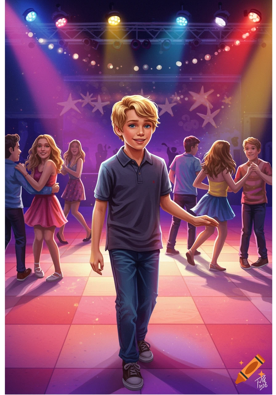 Illustrative image of a blonde boy smiling at a school dance with other teenagers dancing.