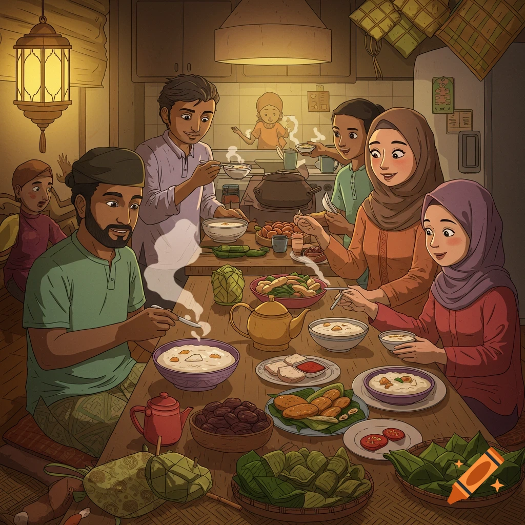 An illustrated family meal scene with several people eating around a table filled with food.