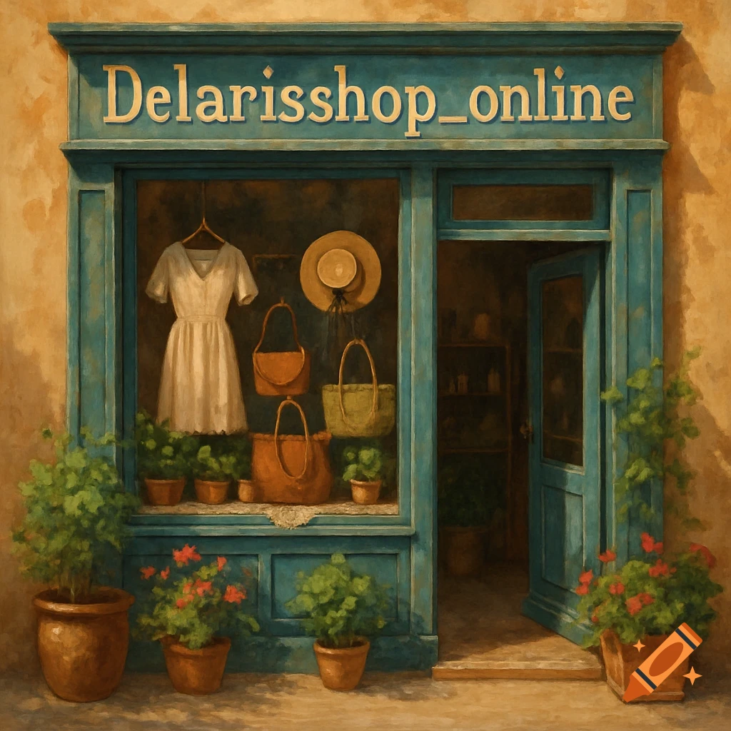 Painterly illustration of a shop front with a white dress, straw hat, and bags displayed in the window. The shop sign reads "Delarisshop_online".