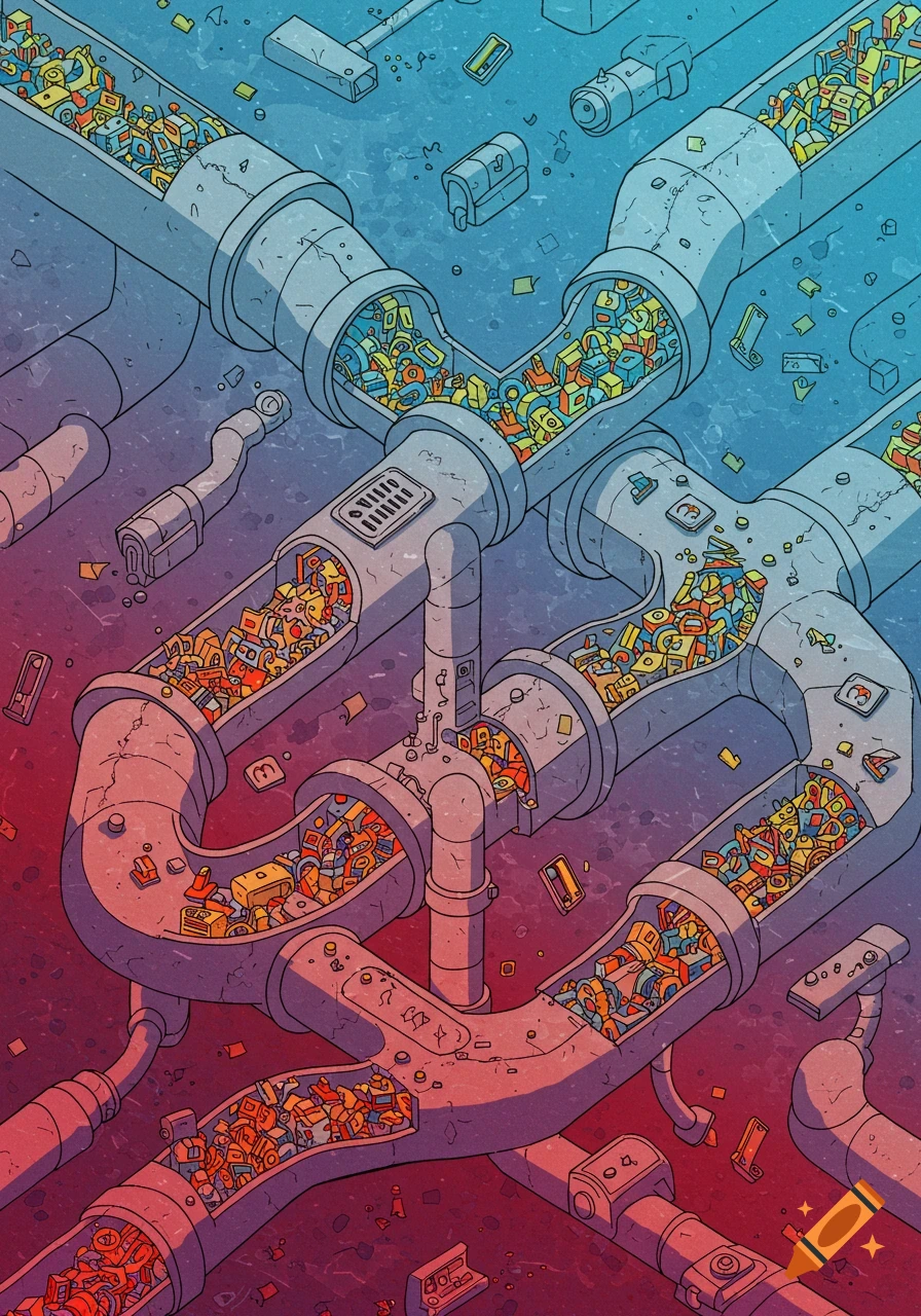 Isometric illustration of a network of pipes filled with colorful abstract shapes, some spilling out.