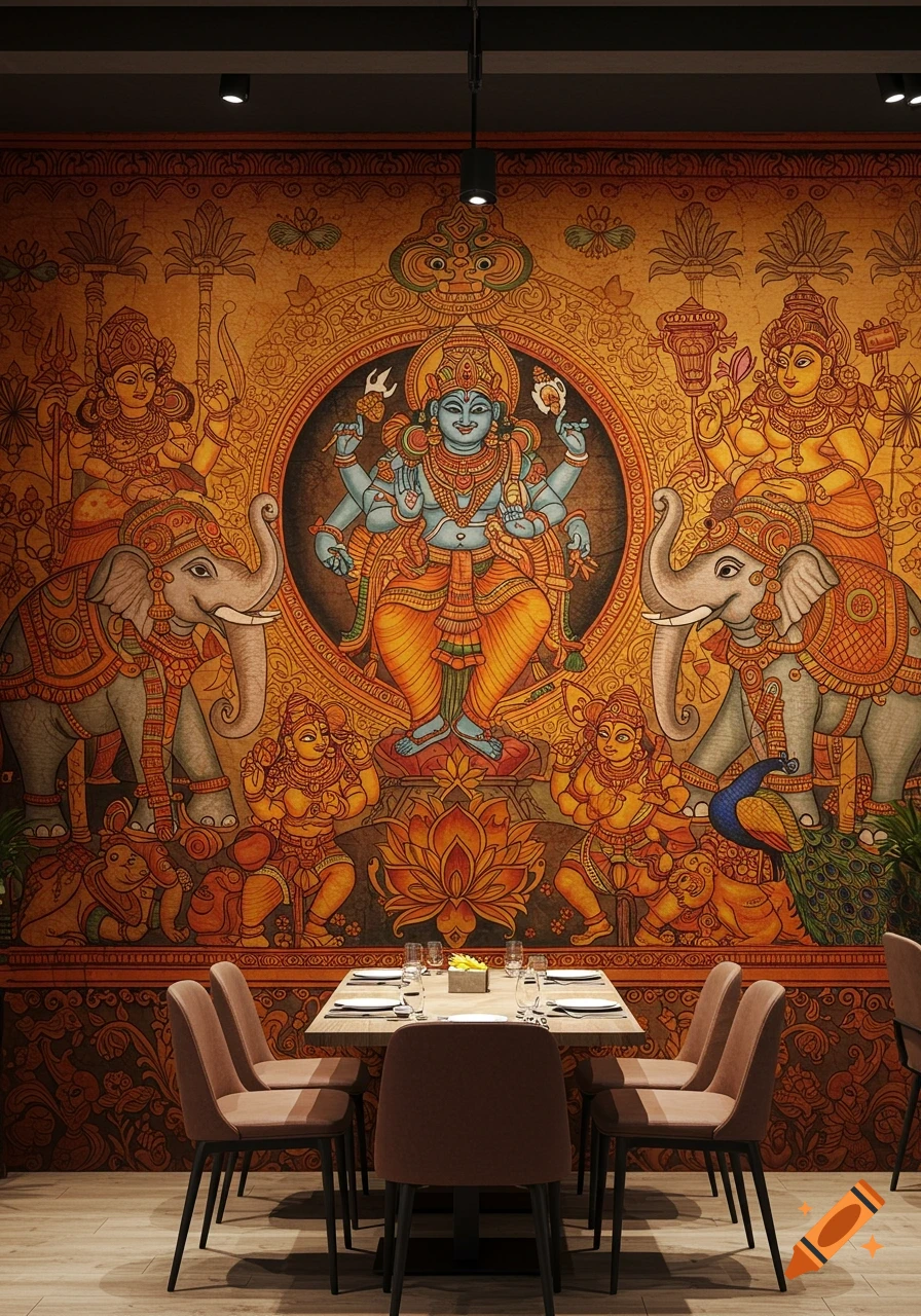 Restaurant interior with a dining table before a large traditional Kerala Indian art wall mural featuring deities, elephants, and peacocks.