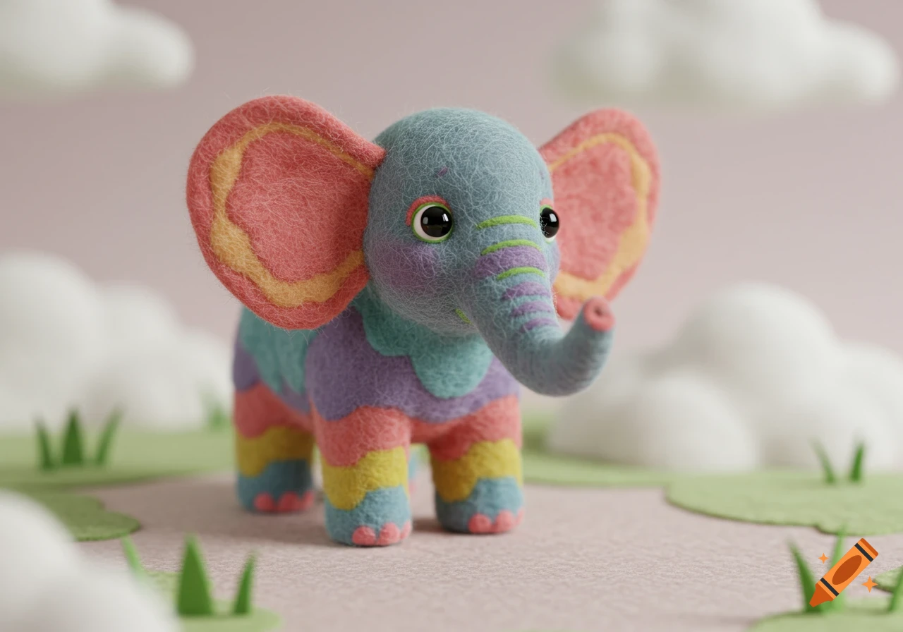 A colorful felt elephant stands in a soft landscape with felt clouds.