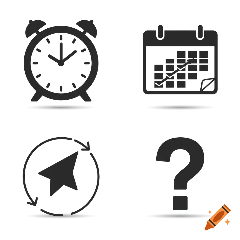 Set of four simple icons: alarm clock, calendar, directional arrow, question mark.