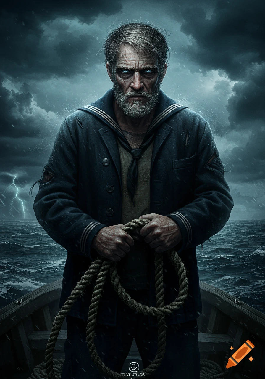 A portrait of a rugged sailor with glowing eyes holding rope on a boat in a stormy sea with lightning.