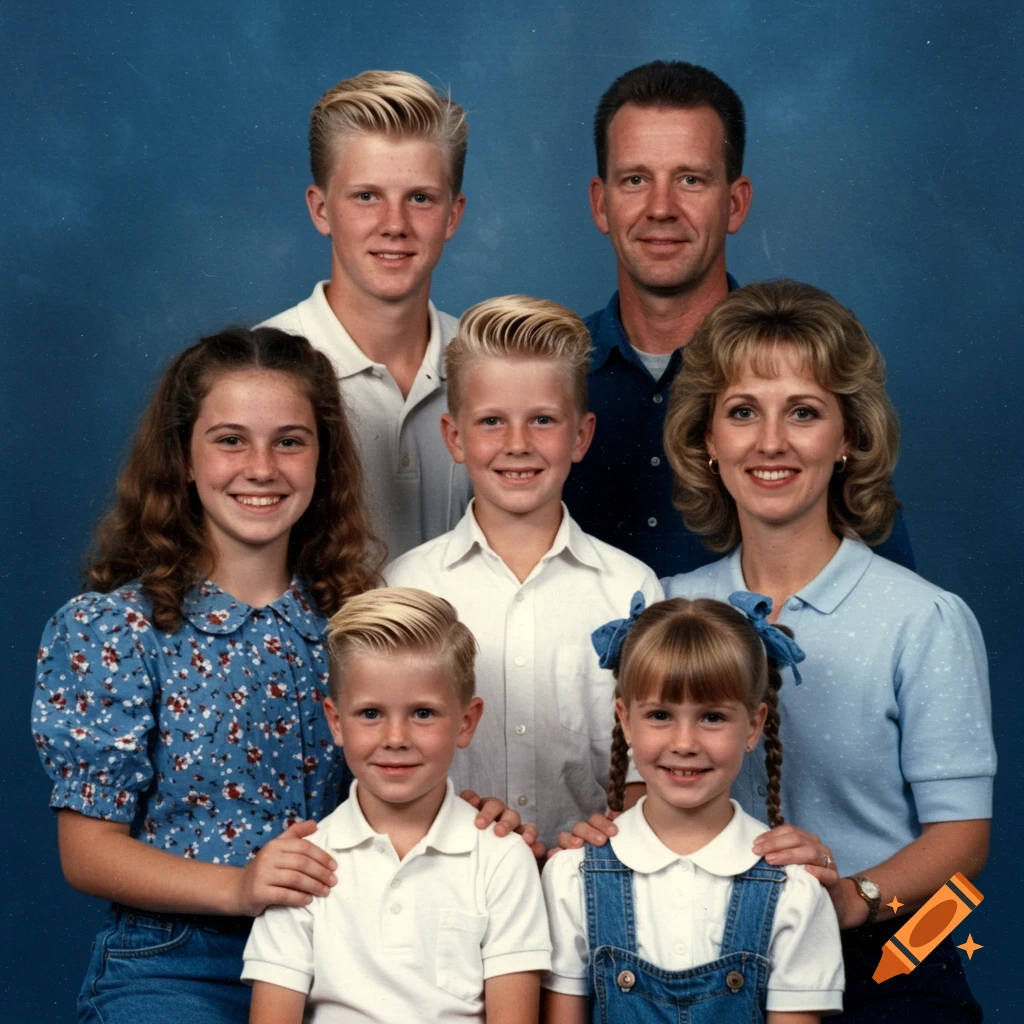 1990s family portrait of a mother, father, and four children against a blue background.