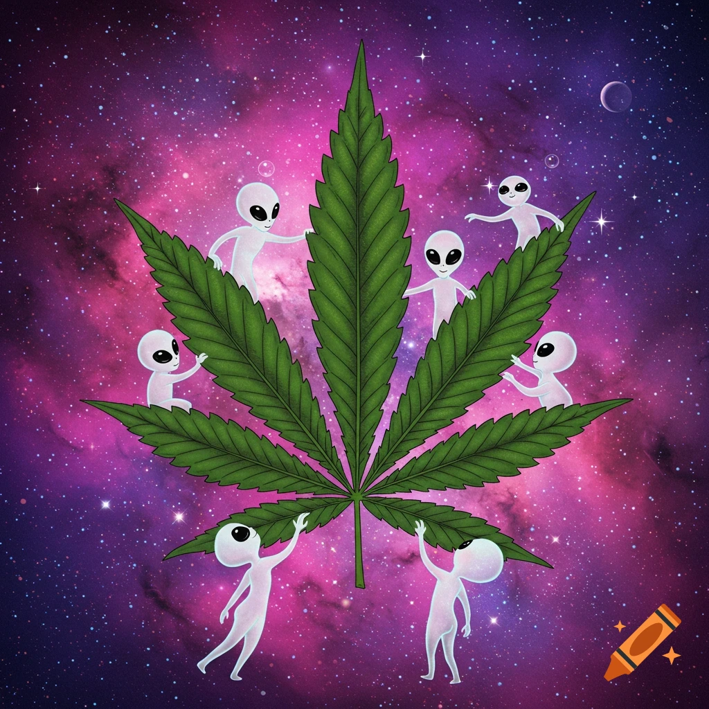 Cartoon aliens climbing on a large cannabis leaf in outer space