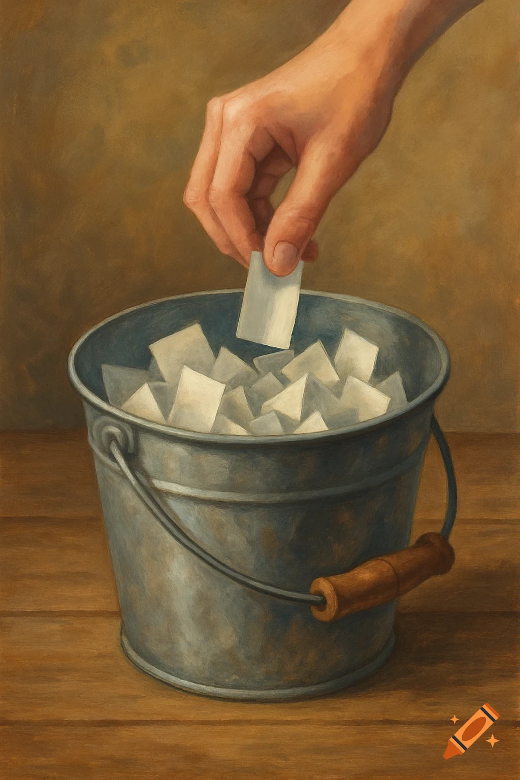 A hand reaches into a metal bucket filled with white paper slips.
