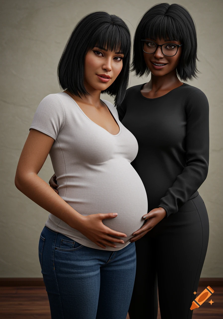 Two women, one pregnant, standing together and holding her stomach in a photorealistic style.