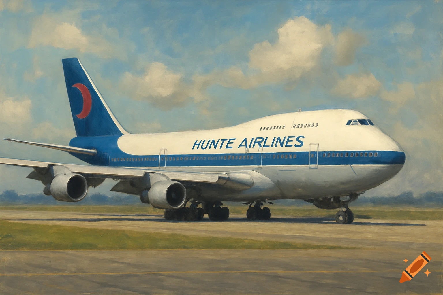 Painting of a Boeing 747 airplane on a runway.