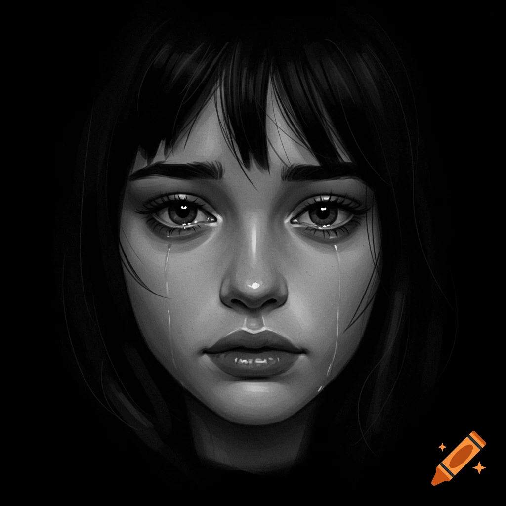 Black and white close-up portrait of a sad girl crying.