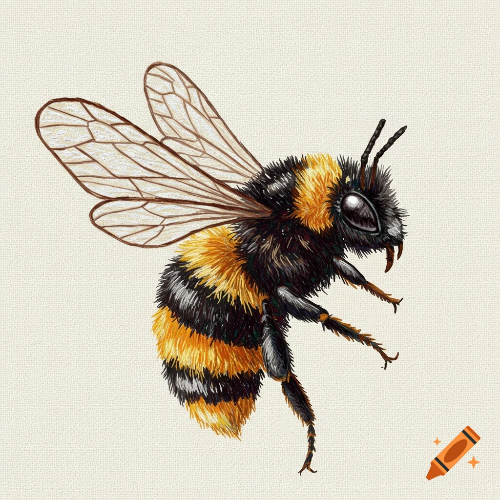 A bumblebee rendered in the style of crewel embroidery.