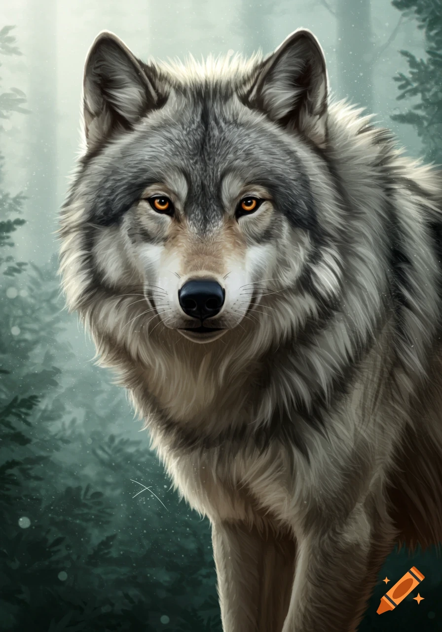 Close-up portrait of a grey wolf with orange eyes in a misty forest.