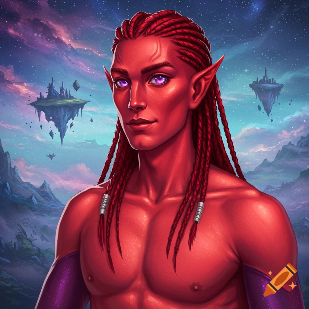 Portrait of a red-skinned male fantasy character with braided hair against a sky with floating islands.