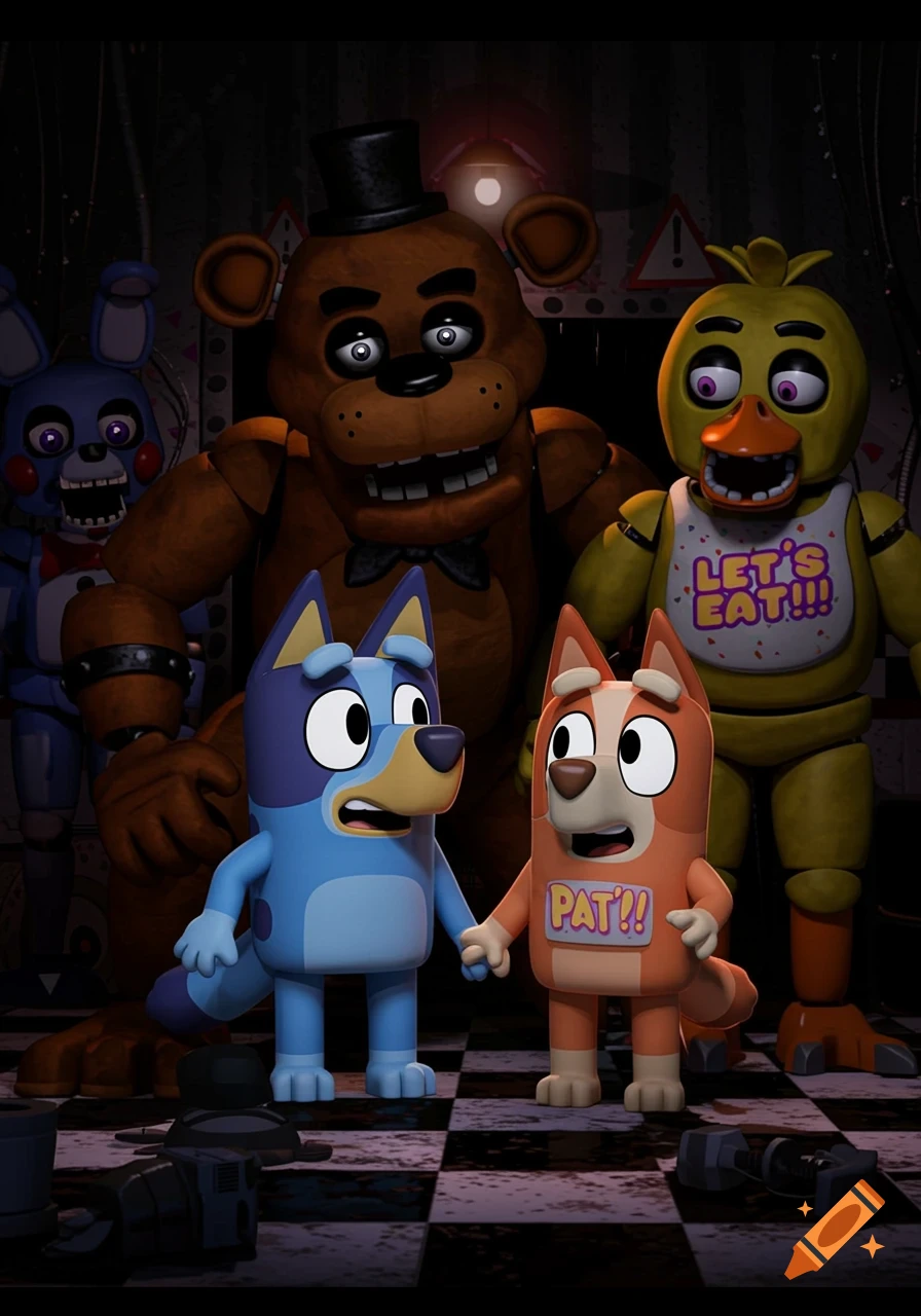 Bluey and Bingo stand scared before Freddy, Bonnie, and Chica from Five Nights at Freddy's in a dark room.