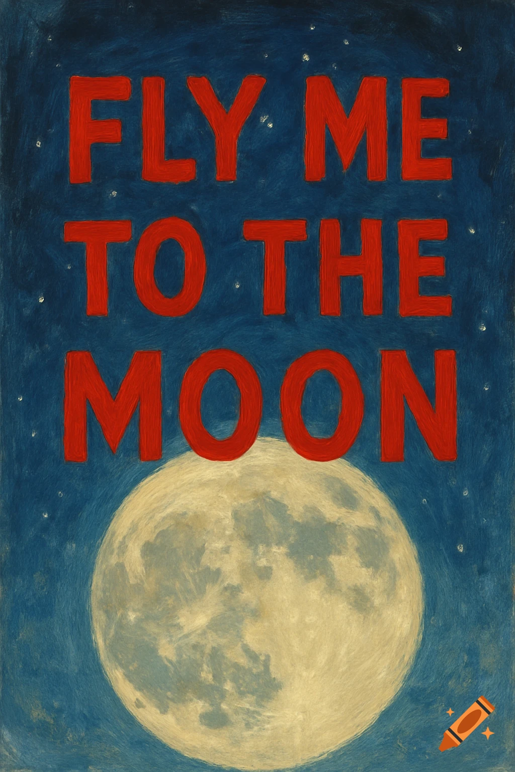 Red text 'FLY ME TO THE MOON' above a moon in a starry sky, painterly style