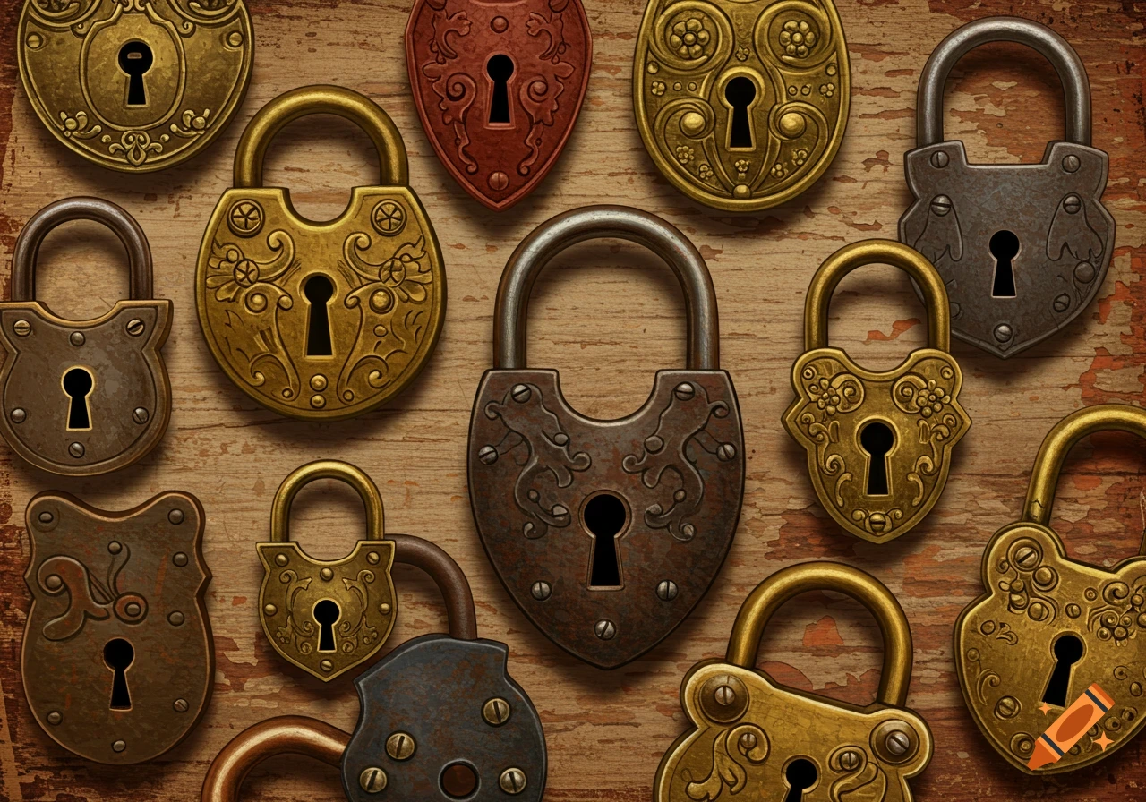 A collection of antique Victorian locks on a wooden surface.