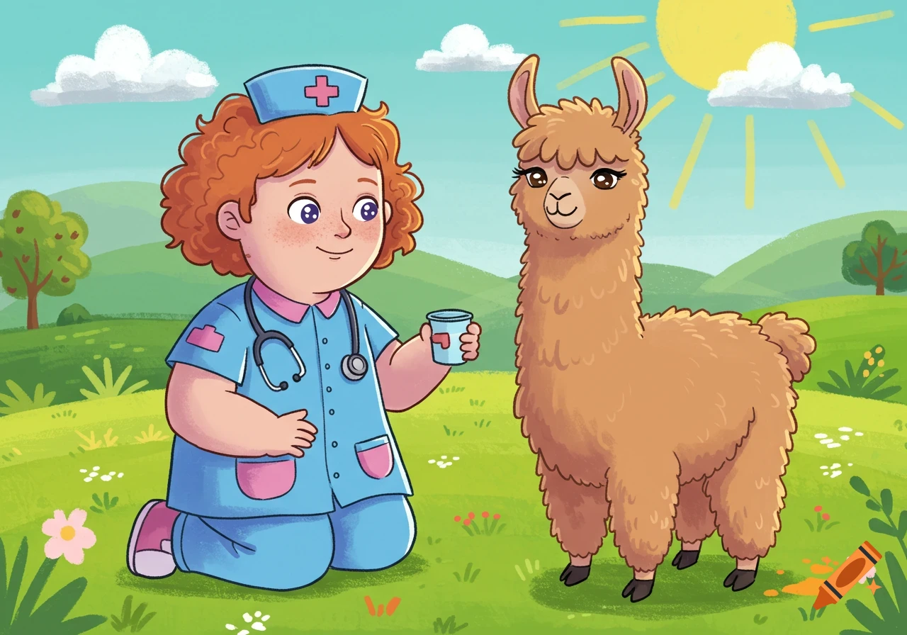 A cartoon illustration of a nurse kneeling next to a llama in a grassy field, holding a cup.