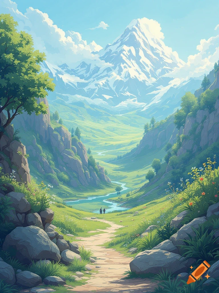 Anime-style illustration of a path leading through a bright green mountain valley towards a large snowy peak, with a winding river and two figures walking in the distance.