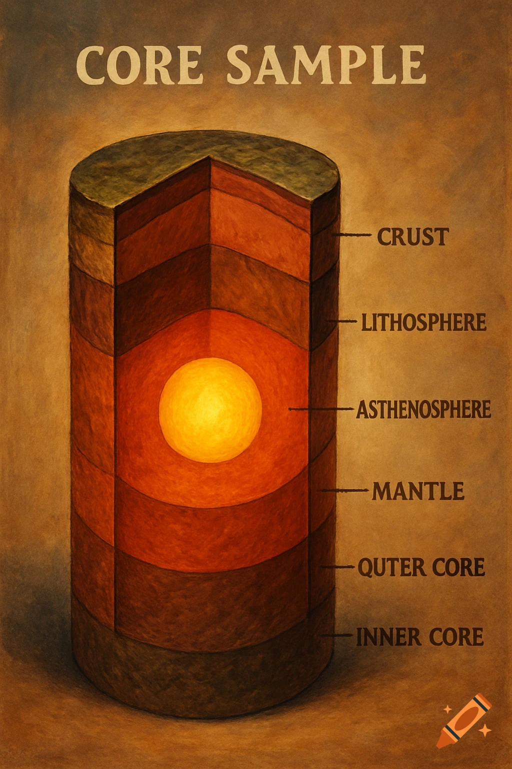 Diagram of Earth's layers as a core sample, showing the crust, lithosphere, asthenosphere, mantle, outer core, and inner core.