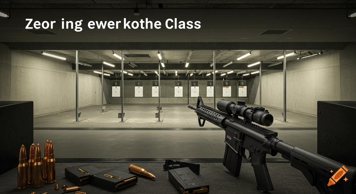 Indoor shooting range with rifle, ammunition, and targets.