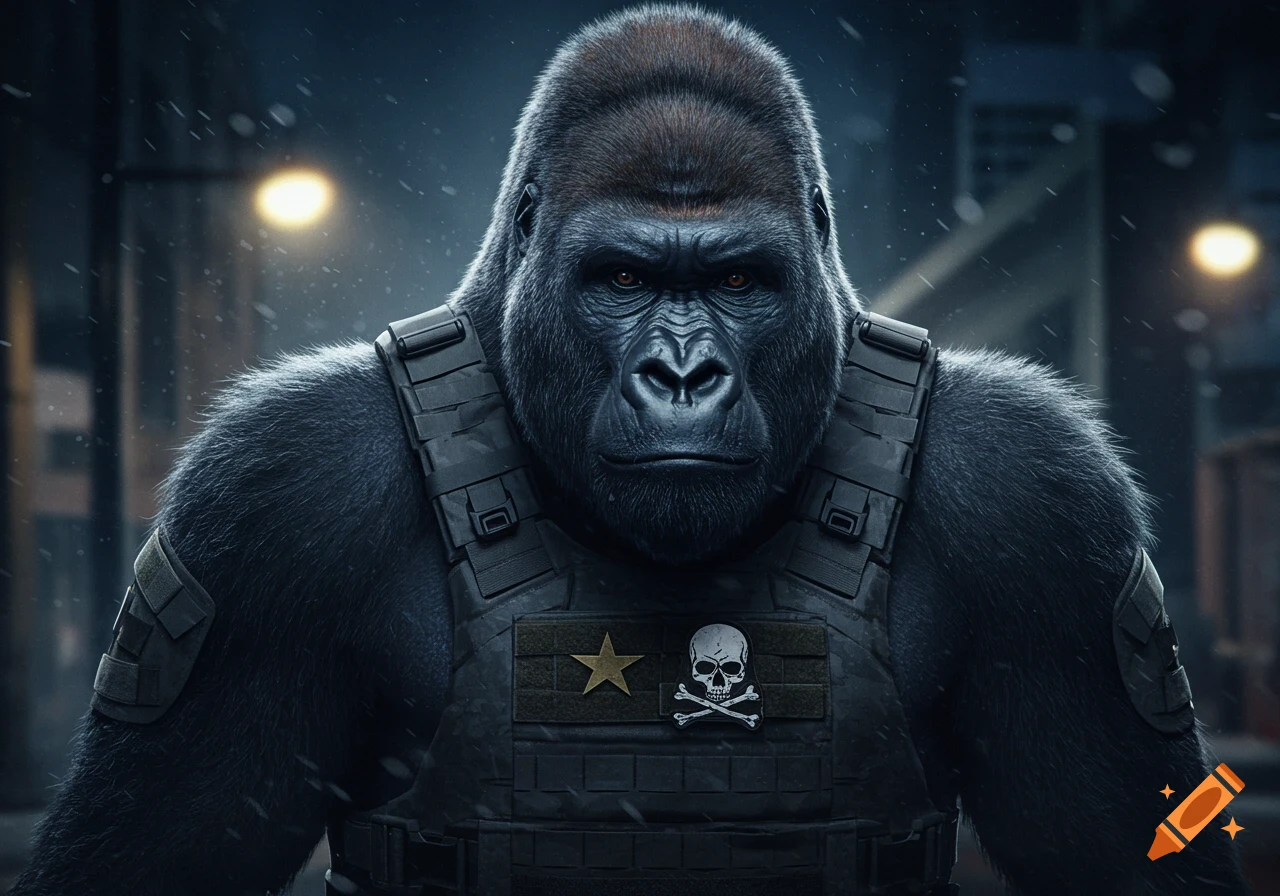 Photorealistic gorilla in a tactical vest with a skull patch