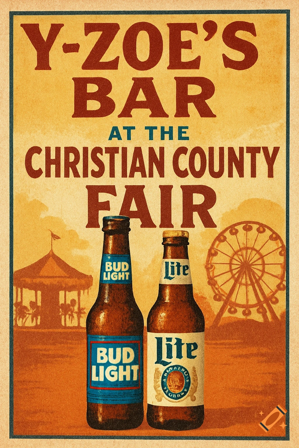 Vintage fair poster for Y-Zoe's Bar featuring Bud Light and Lite beer bottles and a fair scene.